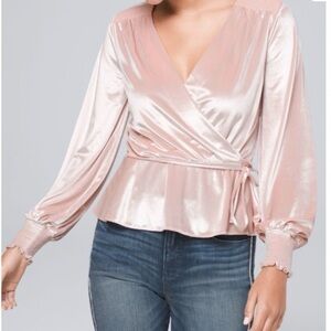 Chic Blush Satin Wrap Blouse